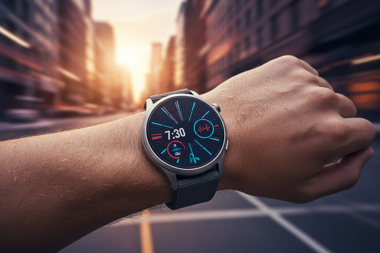 Smartwatch correndo na cidade